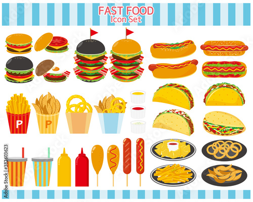ファーストフードメニューのベクターイラスト　ハンバーガー　フライドポテト　ホットドッグ