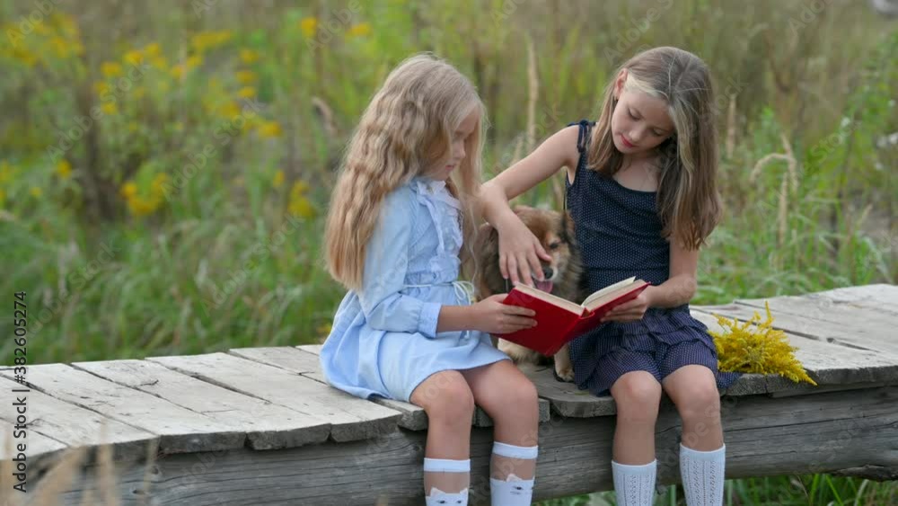 Happy little Girls, together with a small dog, are reading an interesting book while sitting on a wooden bridge. Happy little Girls, together with a small dog, are reading an interesting book while sitting on a wooden bridge.