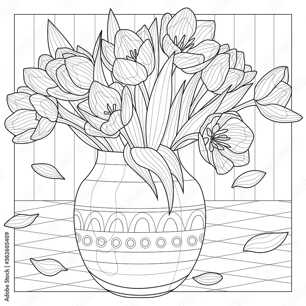 Bouquet of tulips in a vase. Flowers.Coloring book antistress for ...