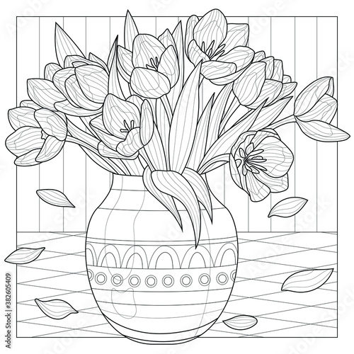 Bouquet of tulips in a vase.
Flowers.Coloring book antistress for children and adults. Illustration isolated on white background.Black and white drawing.Zen-tangle style.