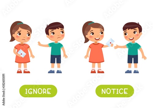 IGNORE and NOTICE antonyms word card vector template. Flashcard for english language learning. Opposites concept. Little girl gives a letter to a friend