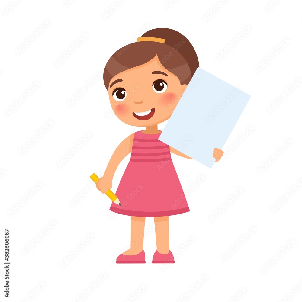 Little smiling girl holding empty paper sheet flat vector illustration. Cute schoolgirl with blank poster and pencil in hands isolated on white background. Happy young child with notepad page mock up Little smiling girl holding empty paper sheet flat vector illustration. Cute schoolgirl with blank poster and pencil in hands isolated on white background. Happy young child with notepad page mock up