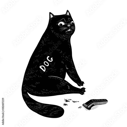 Funny black cat with a shaved side and hair clipper. Cute vector character design for print, sticker, poster, card