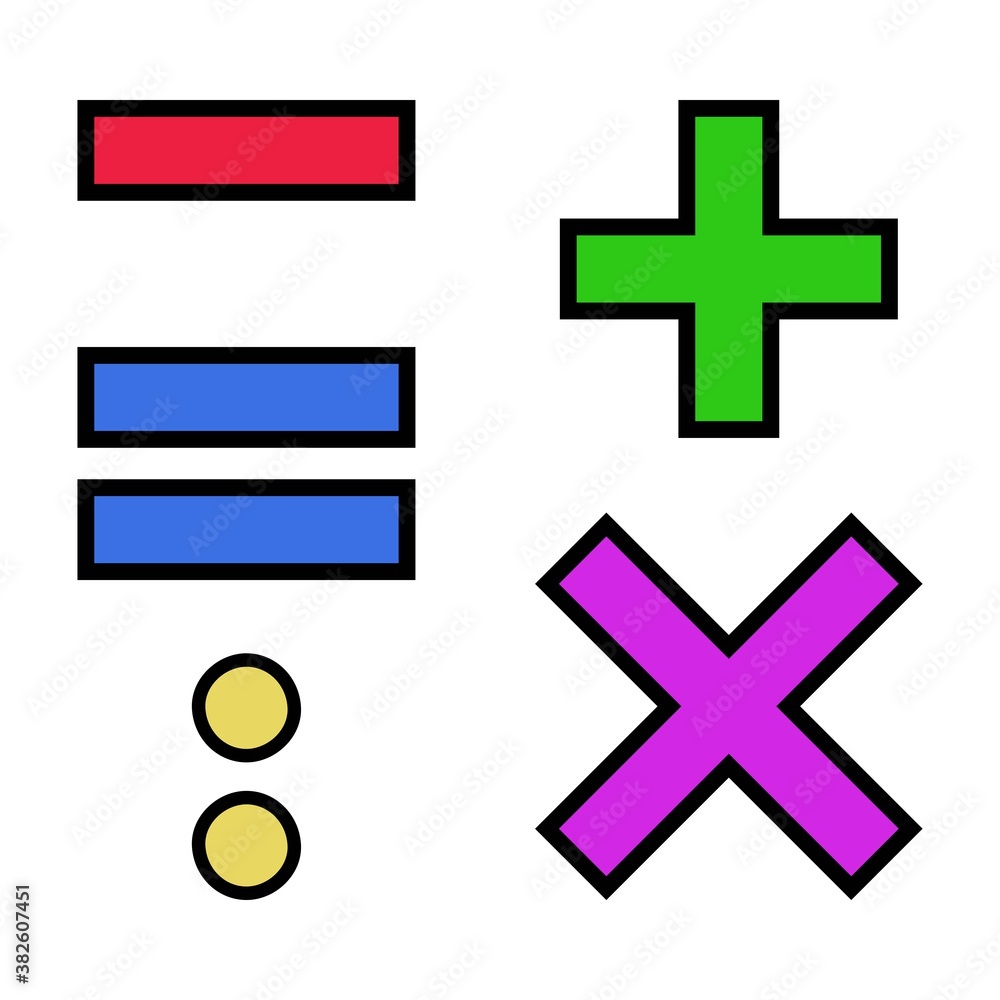 Obraz premium The vector set of colorful arithmetic signs add, subtract, multiply, divide, equal