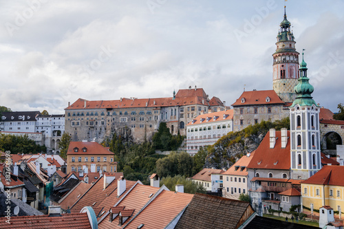 Nice view of the historic center with castle tower and former St. Jodock's Church (St. Jošt Church), Cesky Krumlov, South Bohemia, Czech Republic