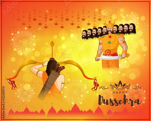 Vector illustration of Happy Dussehra greeting, Indian festival, Lord Rama holding bow and arrow in hands killing Ravana, fireworks, danglers, temples, beautiful bokeh background. photo