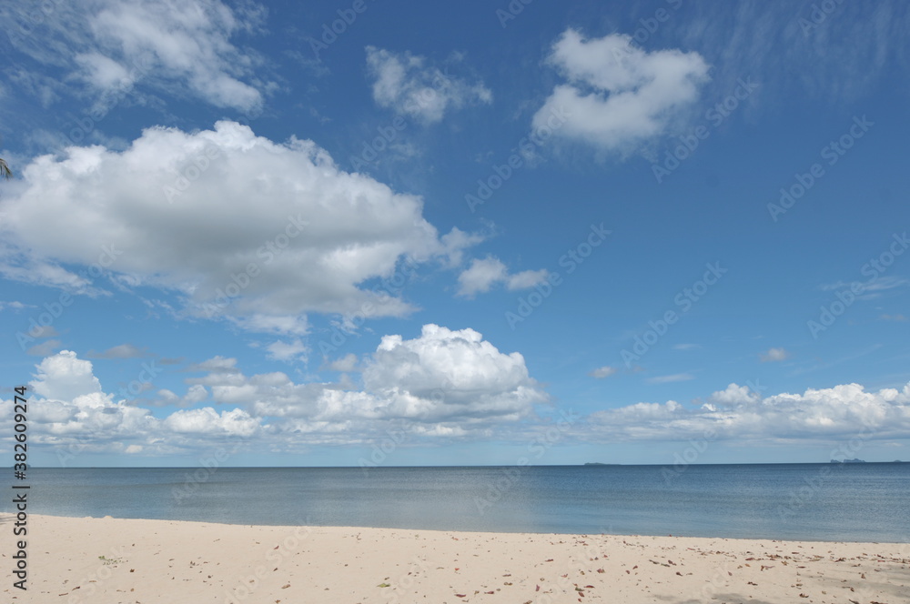 beautiful view of blue cloudy sky and sea with sand at sunny day ( Had Sai Ree Beach, Chumphon, Thailand)