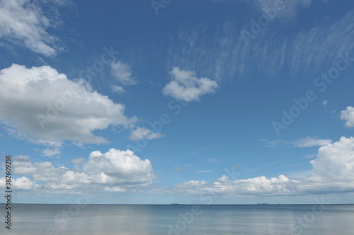 beautiful view of blue cloudy sky and sea with sand at sunny day ( Had Sai Ree Beach, Chumphon, Thailand)