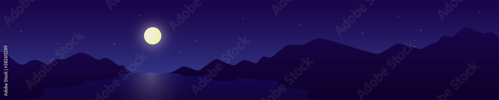 Night landscape banner with mountain silhouette and lake Night landscape banner with mountain silhouette and lake