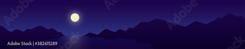 Night landscape banner with mountain silhouette and lake