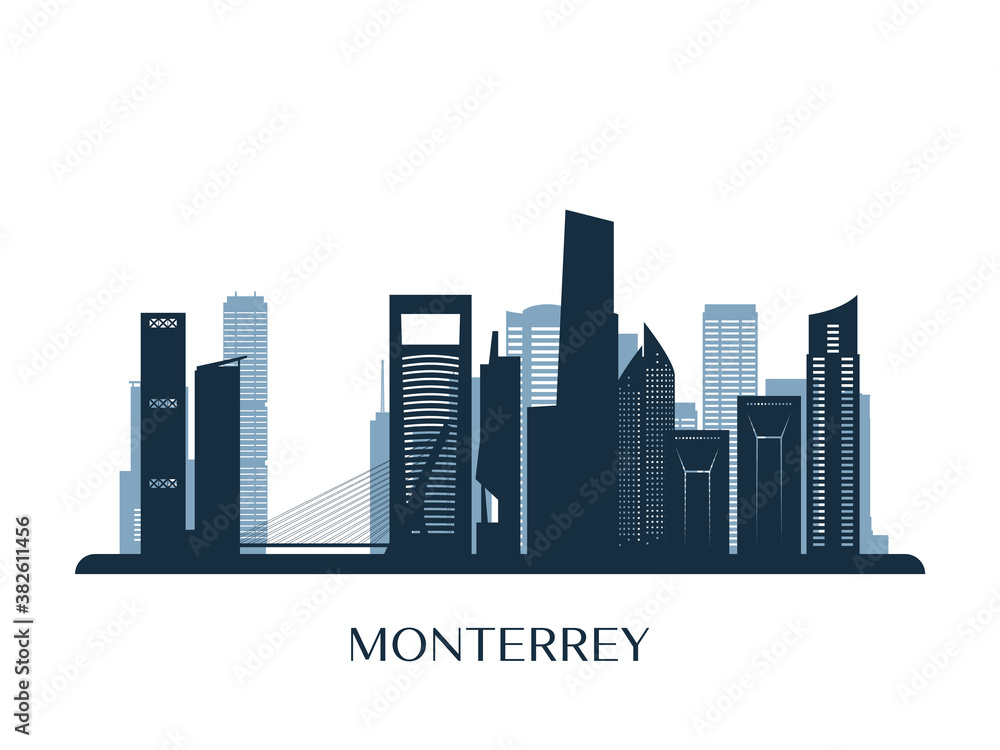 Monterrey skyline, monochrome silhouette. Vector illustration.
