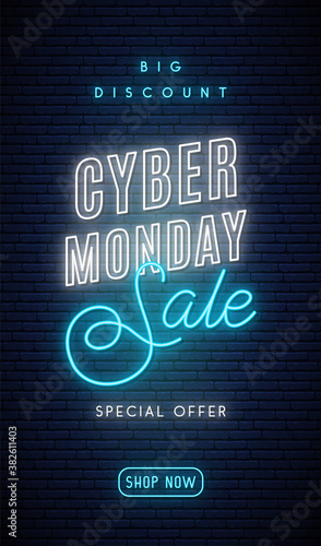 Cyber Monday no signboard. Glowing neon promotion clearance in vertical format. Sale banner design. Vector illustration.