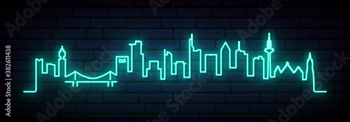 Blue neon skyline of Frankfurt. Bright Frankfurt City long banner. Vector illustration.