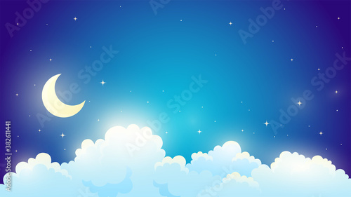 Night sky landscape. Moon, clouds and stars. Cartoon style