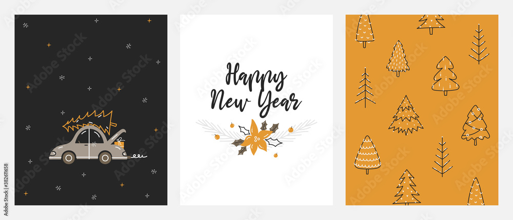 Set of vertical Christmas greeting cards. Merry Christmas and happy new year templates. hand-drawn style. Christmas trees, decorations, gifts. Christmas lettering