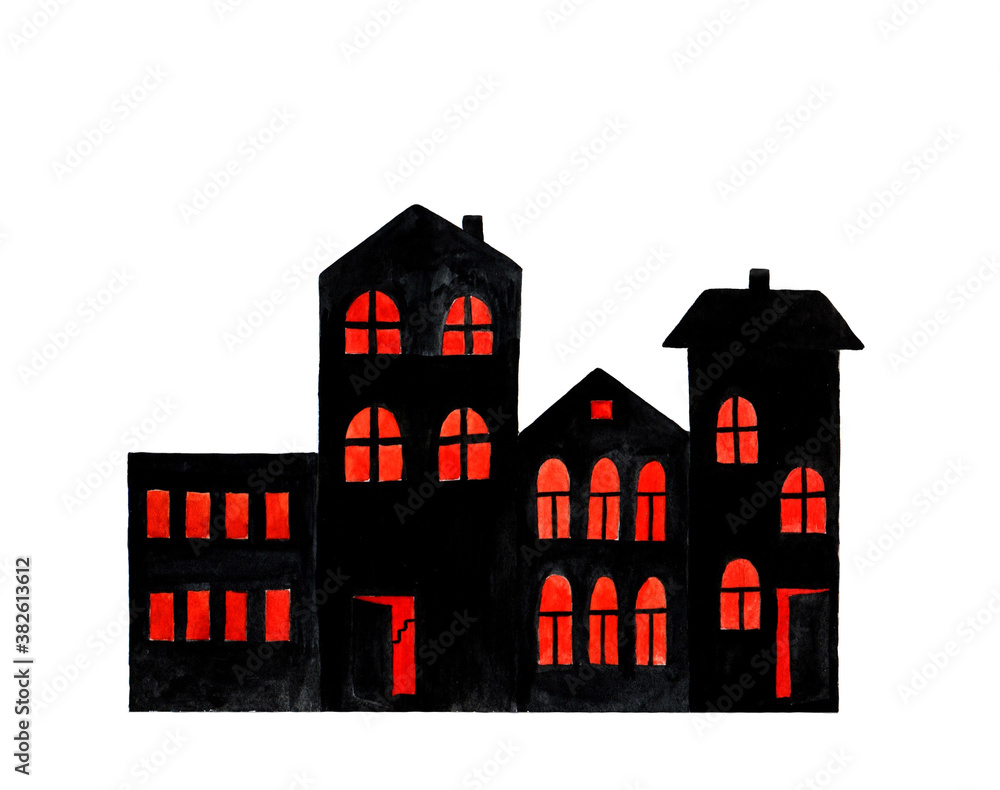 Black silhouette of a house on a white background. Watercolor illustration for Halloween, template for Souvenirs, postcards, notebooks, magnets and design.