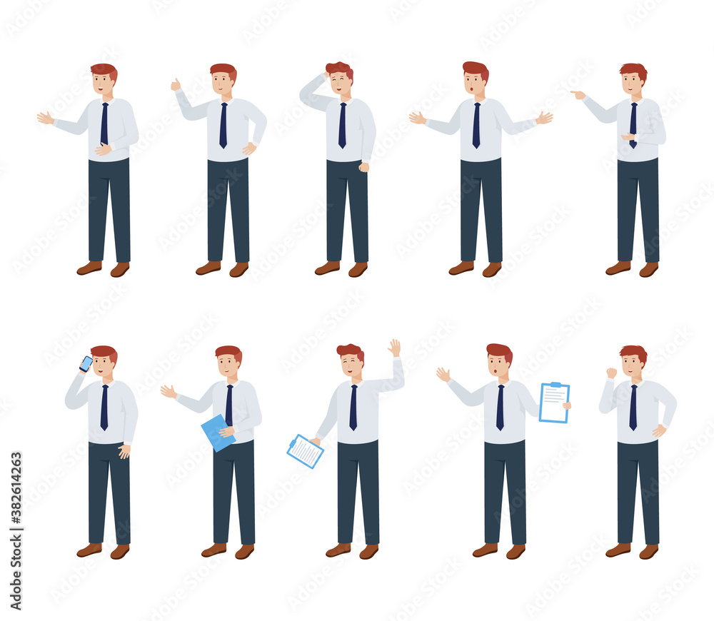 Set of businessman working character with different pose and expression. vector illustration Set of businessman working character with different pose and expression. vector illustration