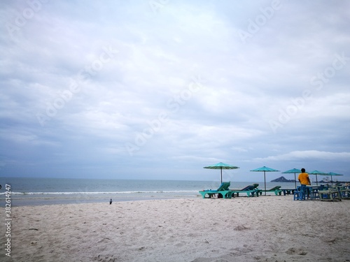 beach bed beside swimming pool at hotel terrace. The famous and beautiful beach place for tourism. photo