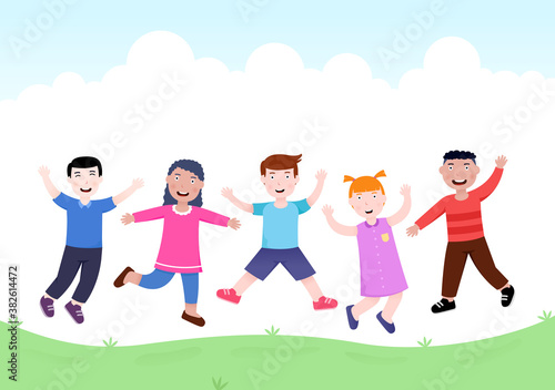 group of happy children jumping together  kids having fun in the nature illustration concept 