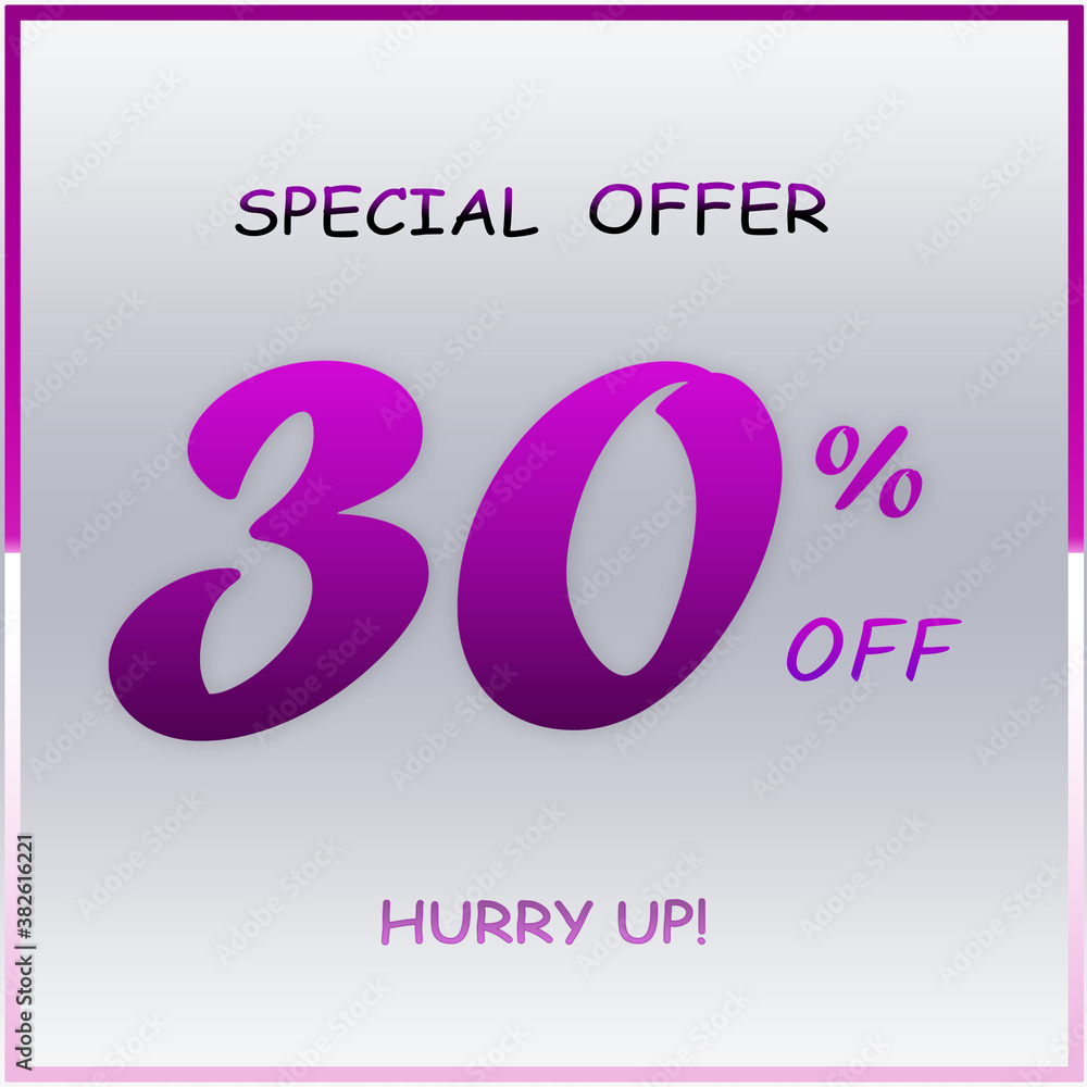 Modern Special Offer Discount Banner With 30% Off Hurry Up Design On Seasonal White Winter Background. Modern Special Offer Discount Banner With 30% Off Hurry Up Design On Seasonal White Winter Background.