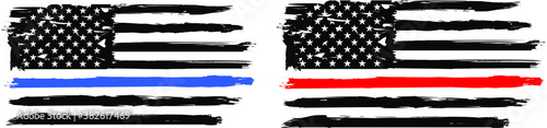 Firefighter  and Thin blue line Flags - Distressed American flags. Flag, EPS 10, Fire, Department, USA, Flag, police flag.	