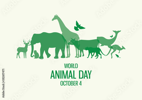 World Animal Day Poster with green silhouettes of wild animals icon vector. Wild animals silhouette set. Environmenta icon vector. Group of animals icon. Animal Day Poster, October 4. Important day