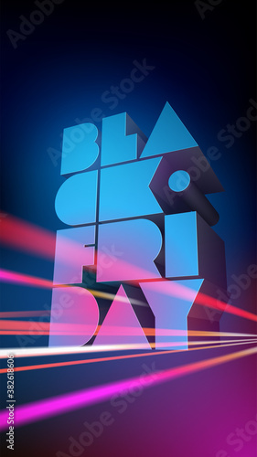 Vector illustration with 3d letters BLACK FRIDAY on background of night city with slow shutter speed. Vertical template for poster, banner, flyer, business, advertising, shop, discount, card.