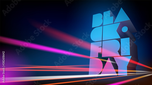Horizontal illustration for BLACK FRIDAY discounts and sales. Volumetric typography on background of night sky with effect of motion blur. Vector template for banner, flyer, shop, discount, card.
