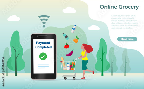 Woman with shopping cart full of grocery foods making online payment via smart phone. Idea for  digital payment, online shopping, internet banking and delivery technology concept.