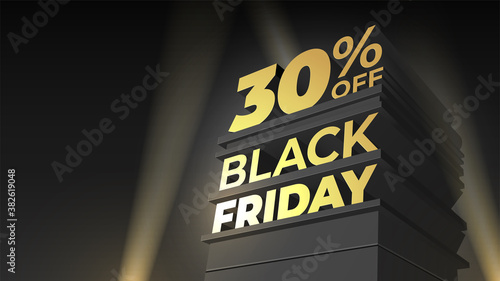 Illustration for sale BLACK FRIDAY with volumetric letters, building and spotlight. 30 thirty percent OFF. Vector template for flyer, discount, shop, business, cards, promo, advertising.