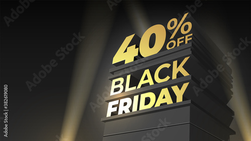 Illustration for sale and discount BLACK FRIDAY with volumetric letters, building and spotlight. 40 forty percent OFF. Vector template for flyer, shop, business, cards, promo, advertising.