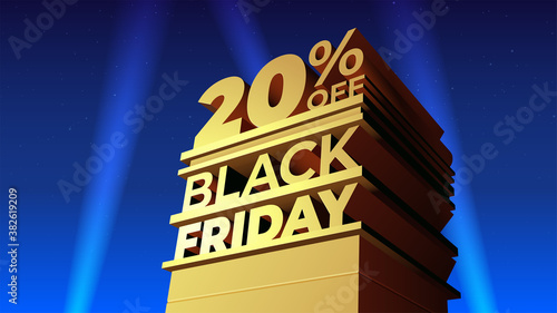 Vector illustration for BLACK FRIDAY discounts in 20th century fox style with volumetric letters, building and spotlights. Twenty percent OFF. Template for sale, flyer, shop, cards, promo, ad.