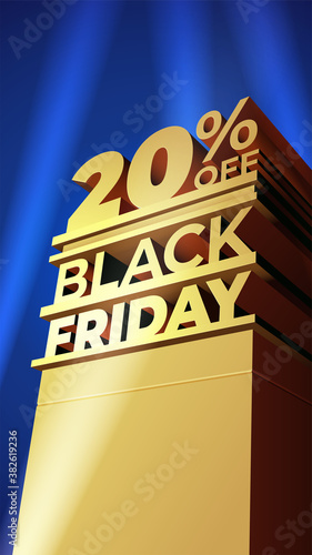 Template for BLACK FRIDAY sale in 20th century fox style with volumetric letters, building and spotlights. Twenty percent OFF. Vector illustration for flyer, discount, shop, cards, promo, ad.