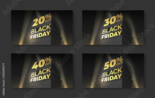 Set of Illustration for sale and discount BLACK FRIDAY with volumetric letters, building spotlight. Twenty, thirty, forty, fifty percent off. Vector template for banner, flyer, shop, cards, business