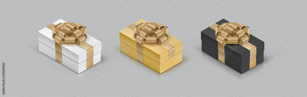 Set of colored gift boxes with bow on isolated background. 3D isometric icons. Illustrations for holiday. Vector template for banner, postcard, flyer, advertisement, invitation, decor.
