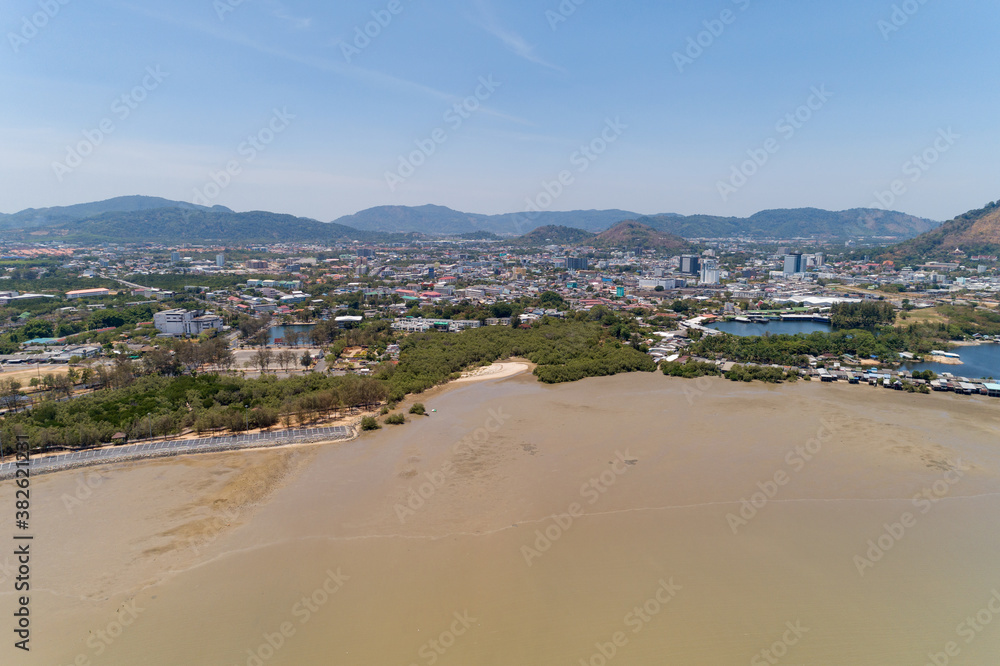 Aerial view drone shot of saparnhin park in phuket thailand.