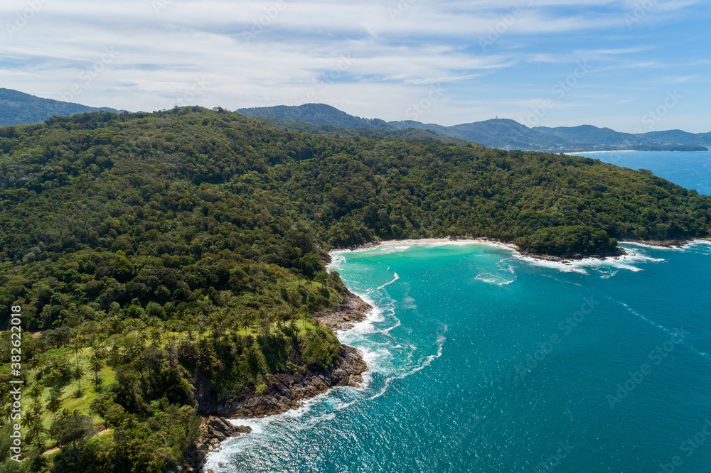 Fototapeta premium Landscape nature scenery view of Beautiful tropical sea with Sea coast view in summer season image by Aerial view drone shot, high angle view.