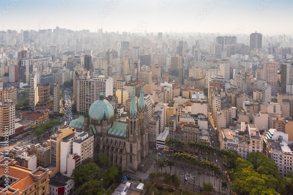 Se Cathedral in downtown São Paulo, Brazil at dusk, ground zero, view from the top