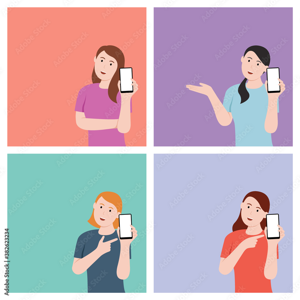 Set of woman holding phone and showing product with different hand gesture