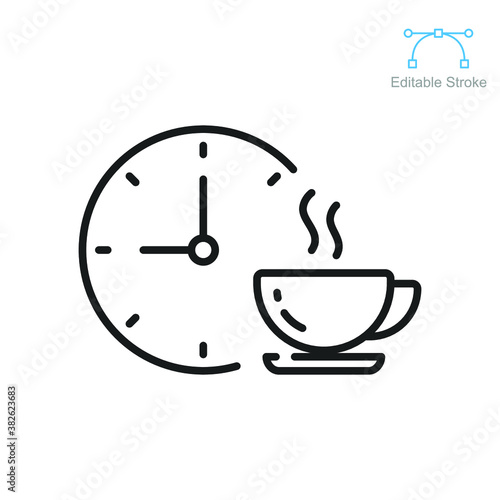 Coffee time icon, tea time. Hot coffee cup and time symbol for take a break or short rest period. Morning breakfast beverage. Editable stroke vector illustration. Design on white background. EPS 10