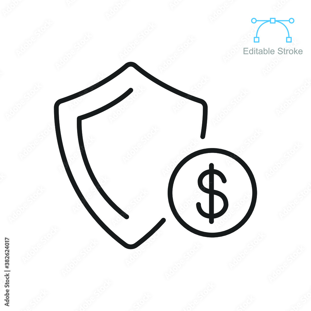 Guarantee financial protect icon. money insurance with dollar shield. currency wealth badge. savings and investment safety care. Editable stroke vector illustration. Design on white background. EPS 10 Guarantee financial protect icon. money insurance with dollar shield. currency wealth badge. savings and investment safety care. Editable stroke vector illustration. Design on white background. EPS 10