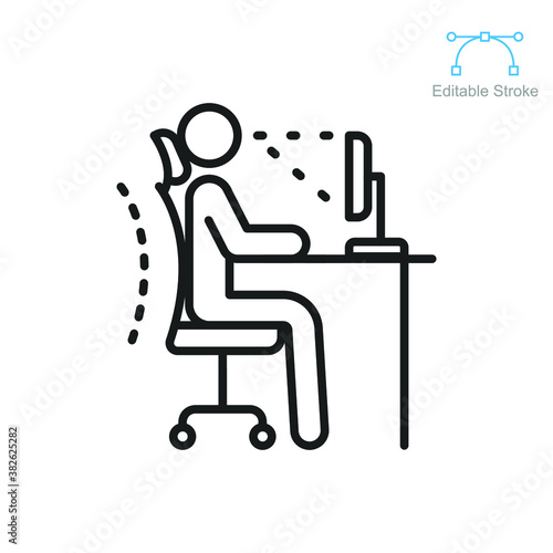 Ergonomic workplace icon. Computer desk workstation infographic correct postures office syndrome of back body position for spine, neck care, eye sight  . Editable stroke Vector illustration. EPS 10