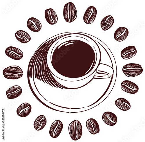 Round frame from coffee beans and Cup of espresso . Sketch style Vector illustration