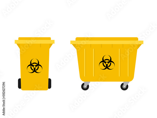 Biohazard bin and dumpster set. Yellow garbage basket and container with biohazard symbol. Medical and dangerous waste safe disposal. Infectious contaminated trash. Vector illustration, flat, clip art