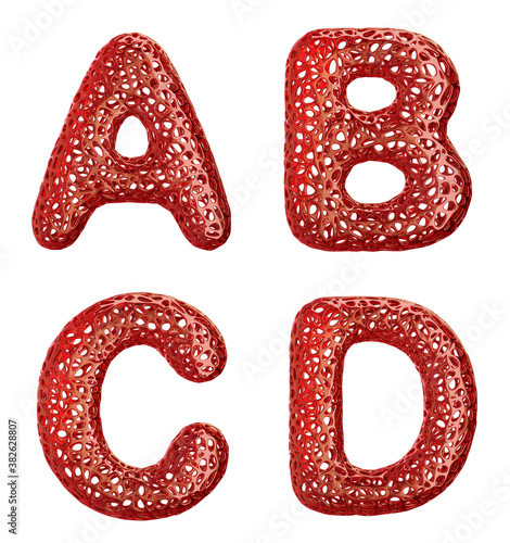 Realistic 3D letters set A, B, C, D made of red plastic.