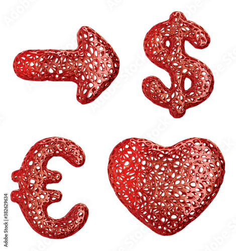 Symbol collection arrow, dollar, euro and heart made of red plastic. 3d rendering