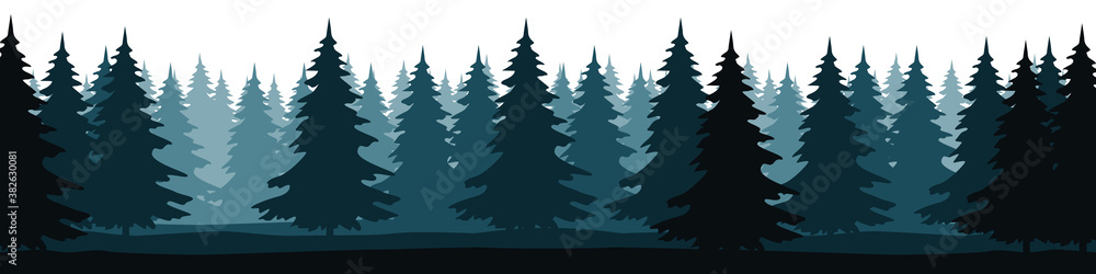 Obraz premium Forest landscape with silhouettes of coniferous trees. Horizontal backgrounds of nature. Vector illustration 