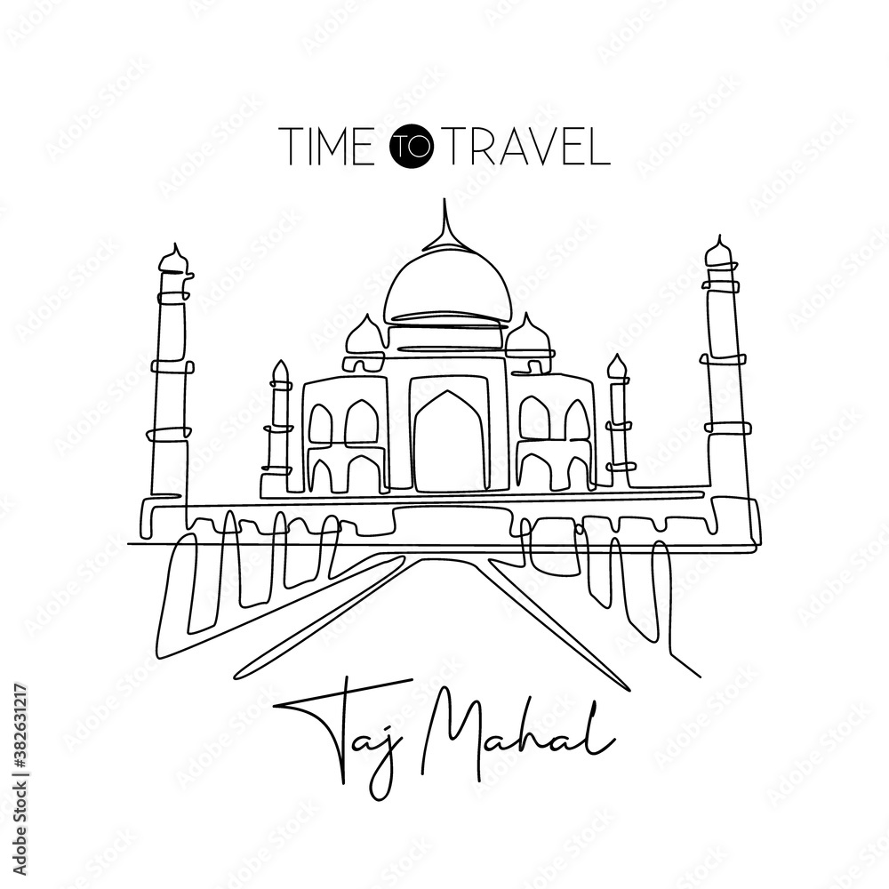 Single continuous line drawing Taj Mahal landmark. Historical beauty iconic  place in Agra, India. World travel home decor wall art poster print  concept. Modern one line draw design vector illustration Stock Vector |