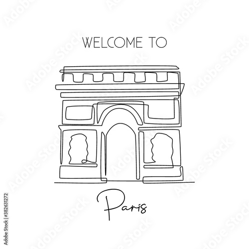 One continuous line drawing of Arc de Triomphe. Historical iconic place in Paris, France. Holiday vacation wall home decor poster print art concept. Modern single line draw design vector illustration