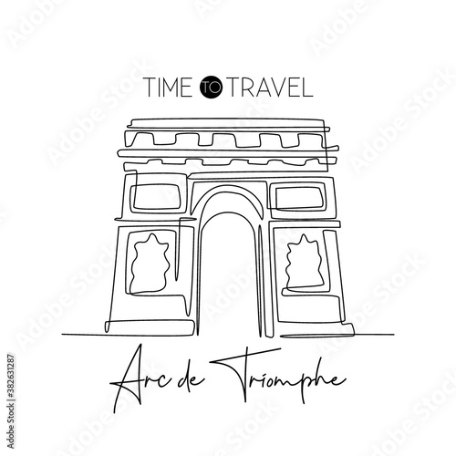 Single one line drawing of welcome to Arc de Triomphe landmark. Historical iconic place in Paris. Tourism and travel greeting postcard concept. Modern continuous line draw design vector illustration